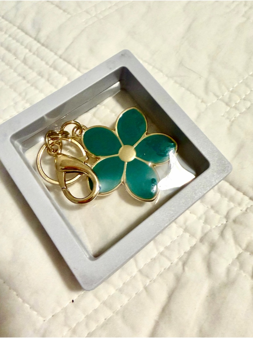 Bag Charm Teal Flower Enamel Keychain with Gold Hardware NWOT